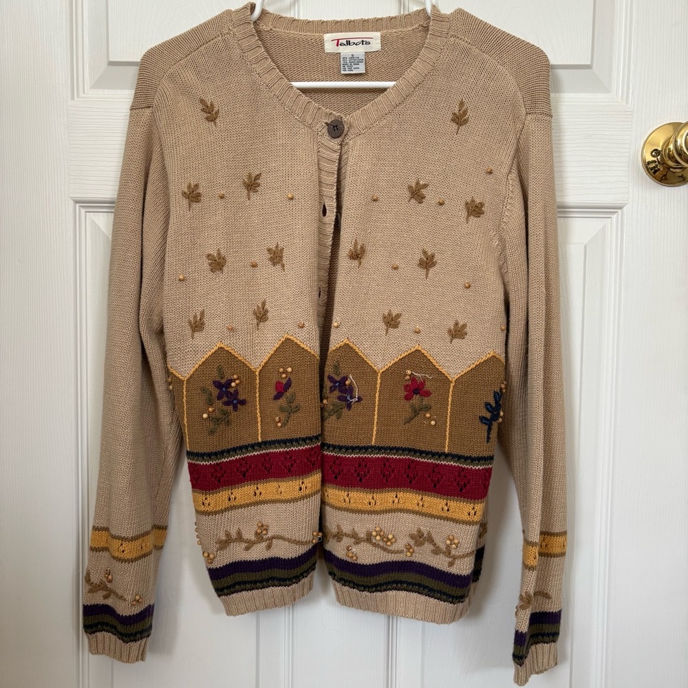 Talbots Beige Embroidered Floral Cardigan with Fall Accents